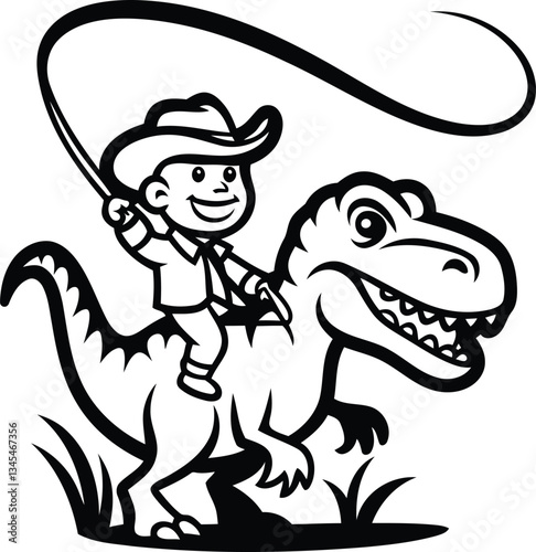 A beautiful cowboy riding a dinosaur or t-rex silhouette vector art, cowboy riding a dinosaur or t-rex isolated line art vector illustration