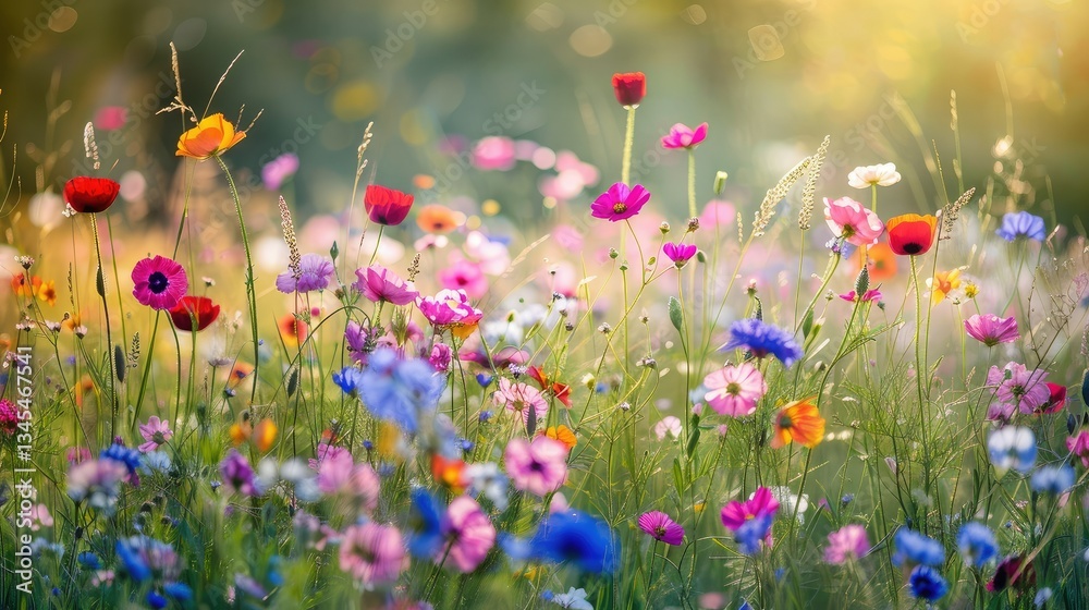 Obraz premium Blooming Wildflower Meadow with Sunlight and Vivid Colors for a Fresh Look