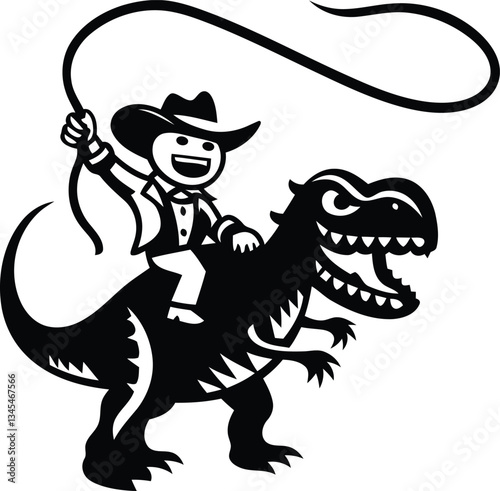 A beautiful cowboy riding a dinosaur or t-rex silhouette vector art, cowboy riding a dinosaur or t-rex isolated line art vector illustration