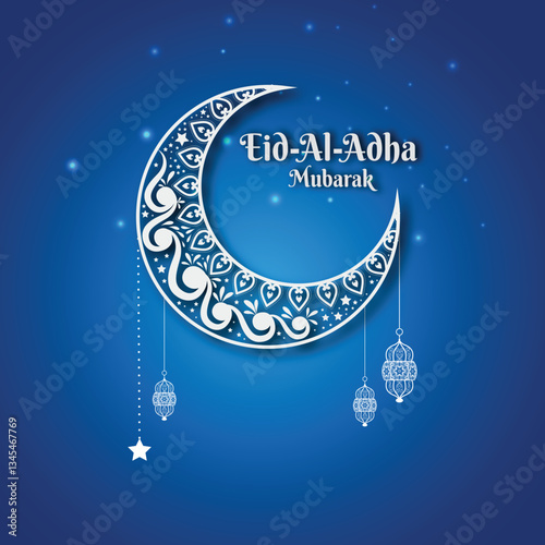 Eid al-Adha Mubarak celebration with lanterns, crescent moon, and mosque silhouette