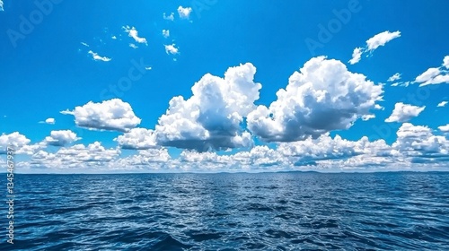 Bright Sunny Day Over a Tranquil Blue Ocean with Fluffy White Clouds