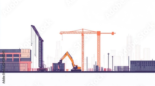 Construction site cityscape; cranes, excavator, containers; urban background; illustration photo