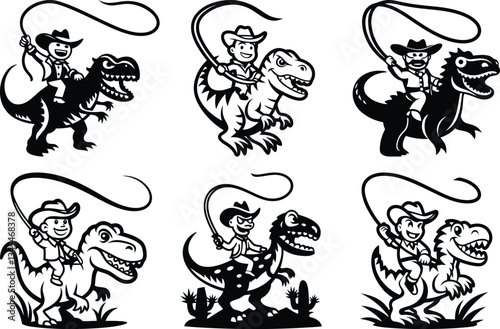 A beautiful cowboy riding a dinosaur or t-rex silhouette vector art, cowboy riding a dinosaur or t-rex isolated line art vector illustration set