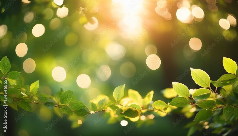 Fototapeta premium abstract bokeh lights with warm hues filtering through green foliage creating a serene and enchanting nature background