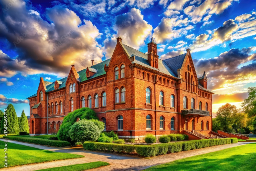 Obraz premium Architectural masterpiece: red brick building against a breathtakingly blue sky.