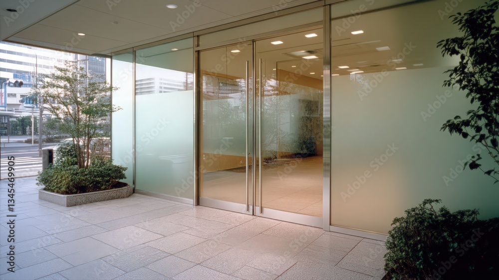 Modern Glass Doors Entrance to Building with Plants