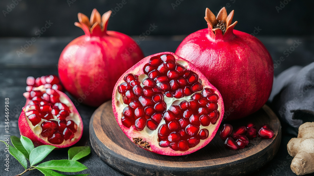 The Jewel-Toned Pomegranate: A still-life captures the vibrancy of pomegranates, both whole and halved, revealing the juicy, ruby-red seeds and textures. The Jewel-Toned Pomegranate: A still-life captures the vibrancy of pomegranates, both whole and halved, revealing the juicy, ruby-red seeds and textures.
