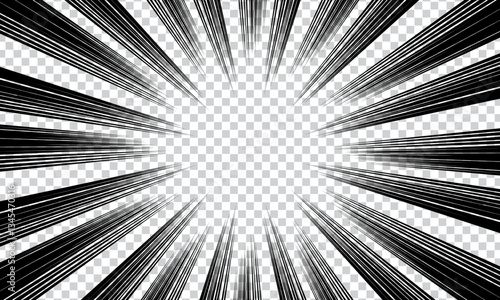 Comic book background. Black and white radial line speed frame. Speed ​​or superhero elements.