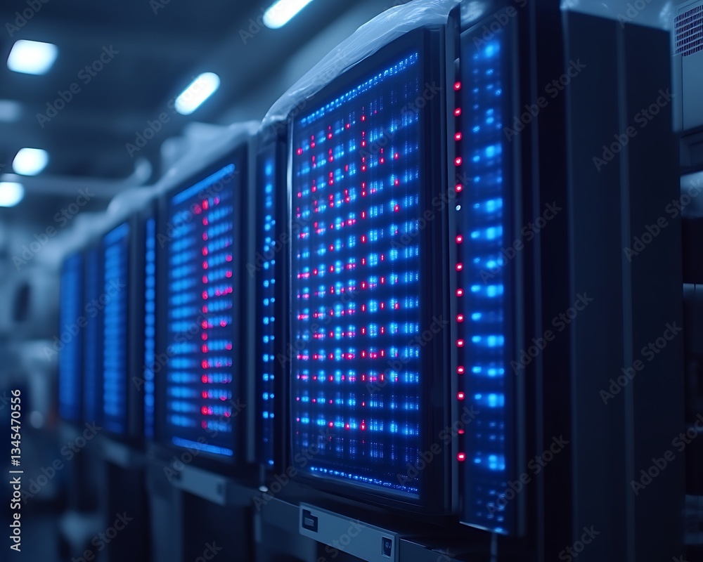 Data Center: Blue LED Server Row Displays.