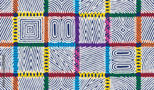 Seamless, colorful hand drawn abstract African line art pattern, tribal and ethnic folk brush line, weaving and stitching textured surface background, cute and fun graphic for textile, decoration