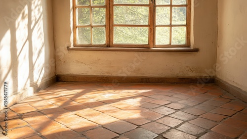Wallpaper Mural Sunlit Room with Terracotta Tile Floor and Aged Walls Torontodigital.ca