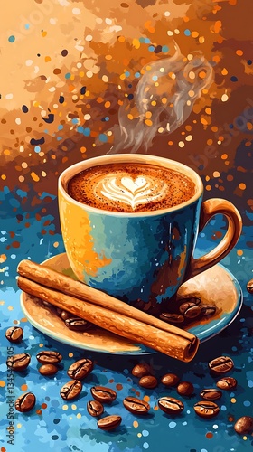 Warm Coffee Break with Heart Latte Art and Cinnamon Sticks Beverage Illustration for Cafe Lovers photo