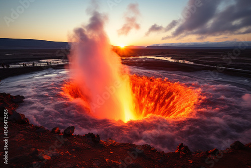spectacle of a geyser in Iceland, as it unleashes a breathtaking torrent of water, revealing beauty of geothermal landscapes and raw might of our planet forces