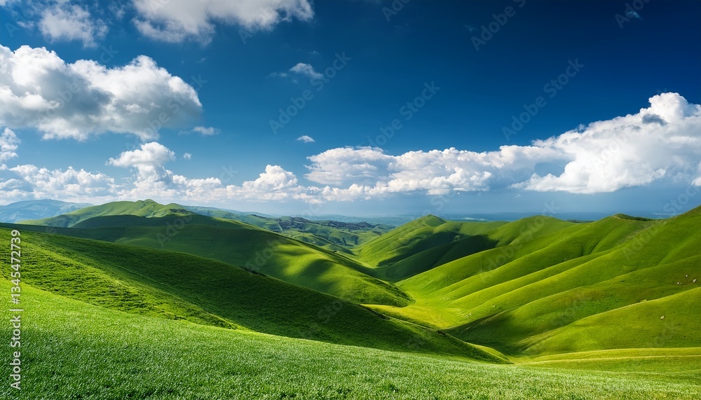 Obraz premium rolling green hills under a blue sky with white clouds