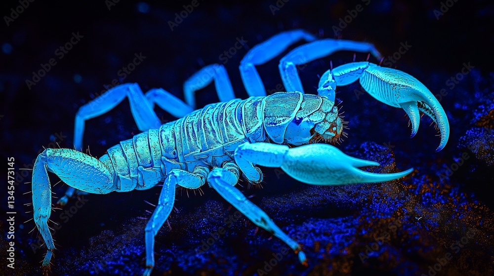 Scorpion under ultraviolet light its exoskeleton glowing in eerie neon blue extreme macro photography hyper detailed textures dark background Scorpion under ultraviolet light its exoskeleton glowing in eerie neon blue extreme macro photography hyper detailed textures dark background
