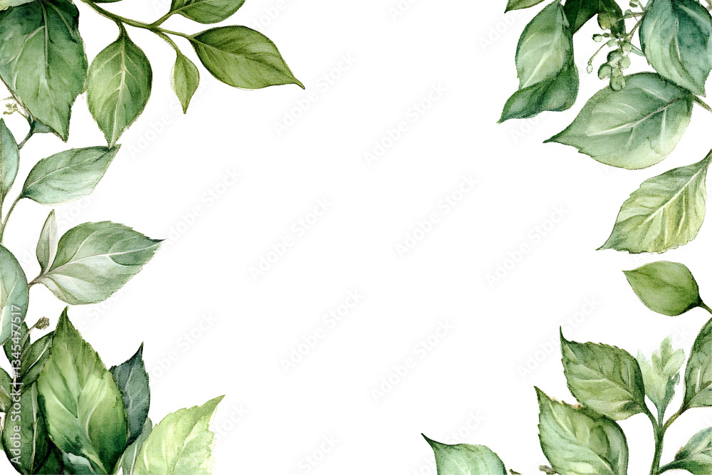 Fototapeta premium Illustration of Green Leaves Frame with Transparent Background Border Floral Design and Decoration Watercolor Art Isolated in Nature Background