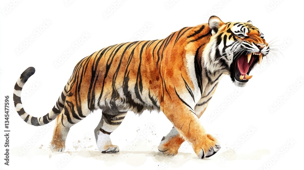 Obraz premium Watercolor tiger in action, white background, wildlife, animal