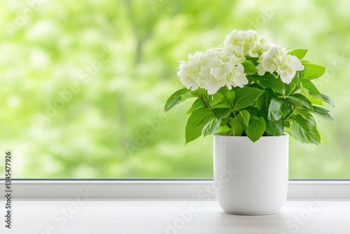 White hydrangea plant on windowsill