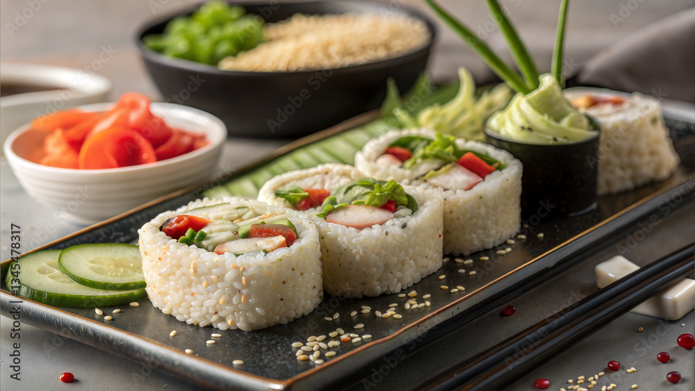Delicious sushi rolls arranged elegantly on a black plate Delicious sushi rolls arranged elegantly on a black plate