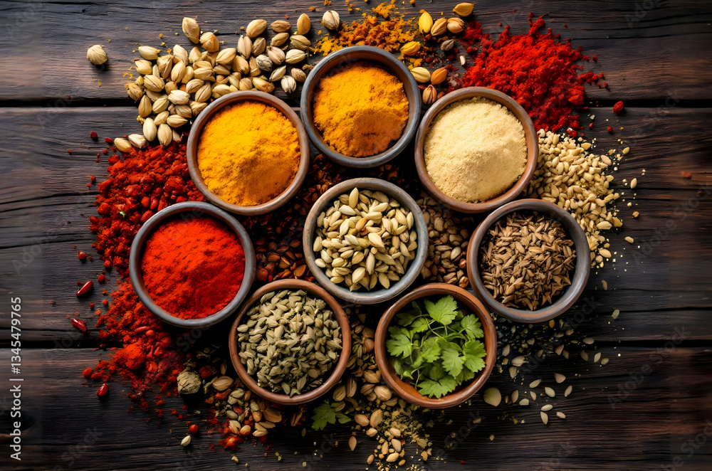 Fototapeta premium Vibrant Spices and Herbs on Rustic Wooden Table