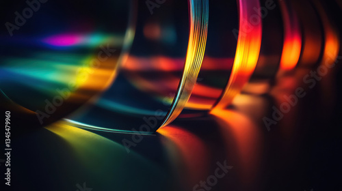Close-up of refracted light waves, intricate interplay of rainbow hues on a smooth reflective surface, minimalistic dark background