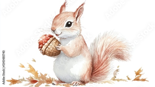 Cute watercolor squirrel holding acorn, autumn leaves background, children's book illustration