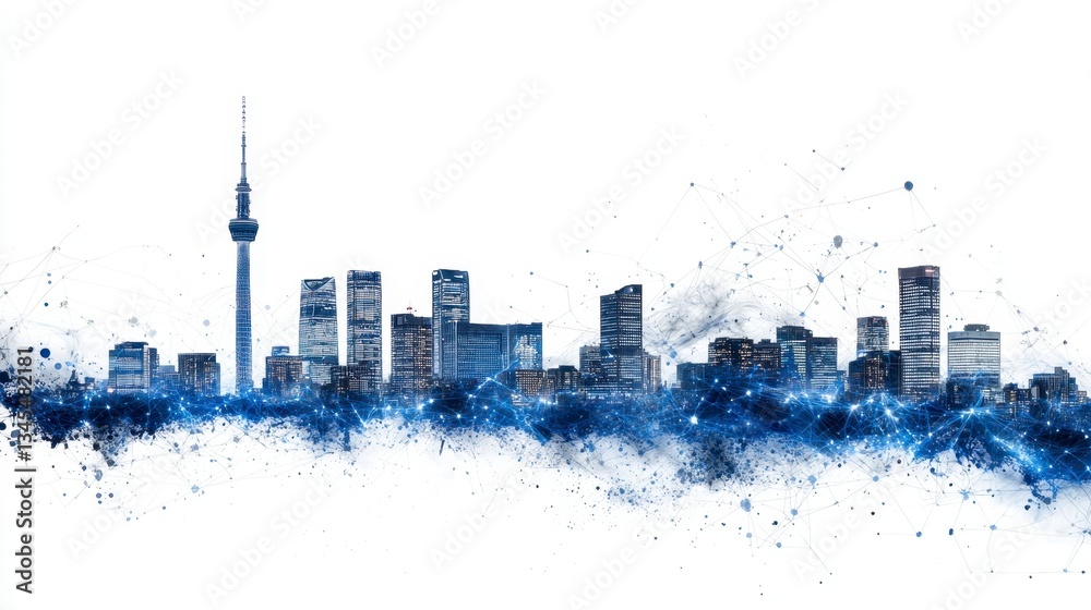 Obraz premium Abstract Blue City Skyline at Night with Watercolor Splatter