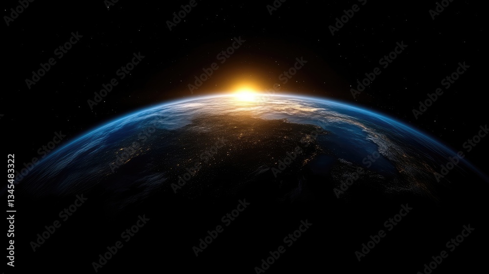 Obraz premium Earth rising from space, sunlit horizon. Vast expanse of dark space surrounds a sphere of planet Earth, with a golden sun rising just above the horizon. Visible continents and oceans