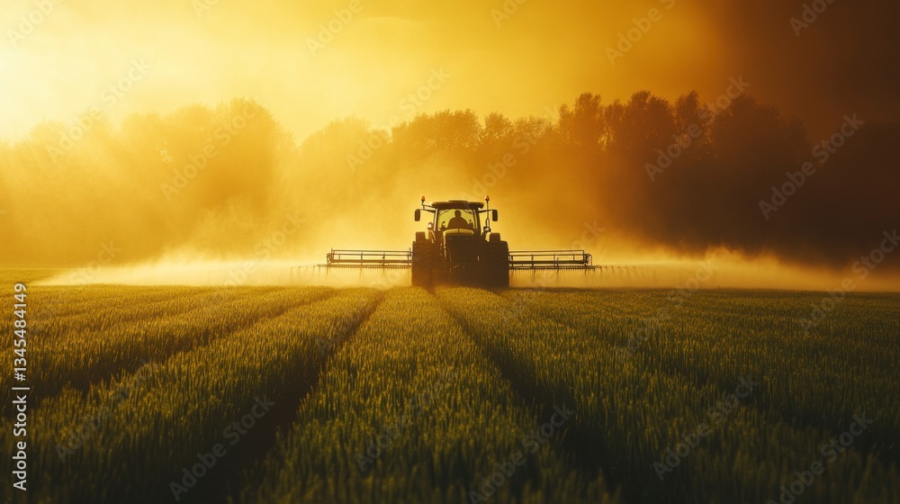Fototapeta premium High-Tech Tractor Spraying Fertilizers in Golden Sunset Fields