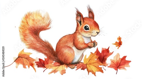 Cute watercolor squirrel with autumn leaves.  Possible use Children's book illustration