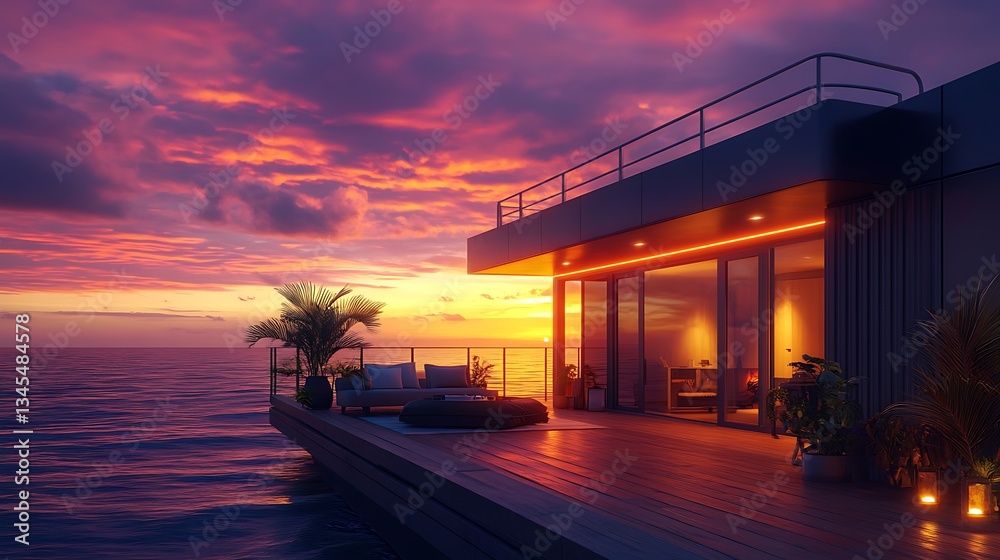 Naklejka premium A luxurious off-grid container home at sunset, featuring an elegant open-air balcony, a wooden-floored terrace, and warm glowing lights visible through large windows. The sun dips below the horizon,