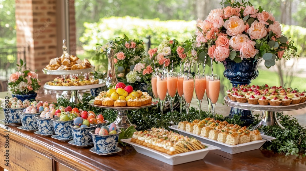 Fototapeta premium Beautifully Decorated Easter Brunch Table with Floral Arrangements
