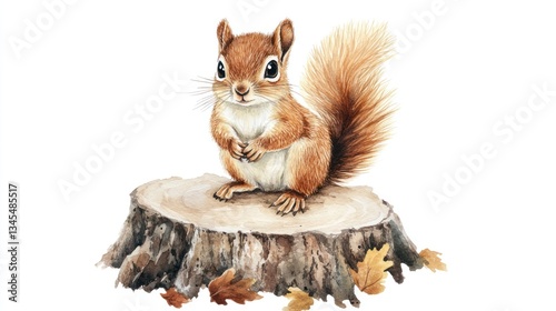 Cute squirrel on tree stump with autumn leaves