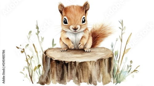 Cute squirrel on a tree stump, watercolor illustration for children's book, nature background