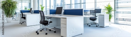 Modern Office Interior with Stylish Desks and Large Windows