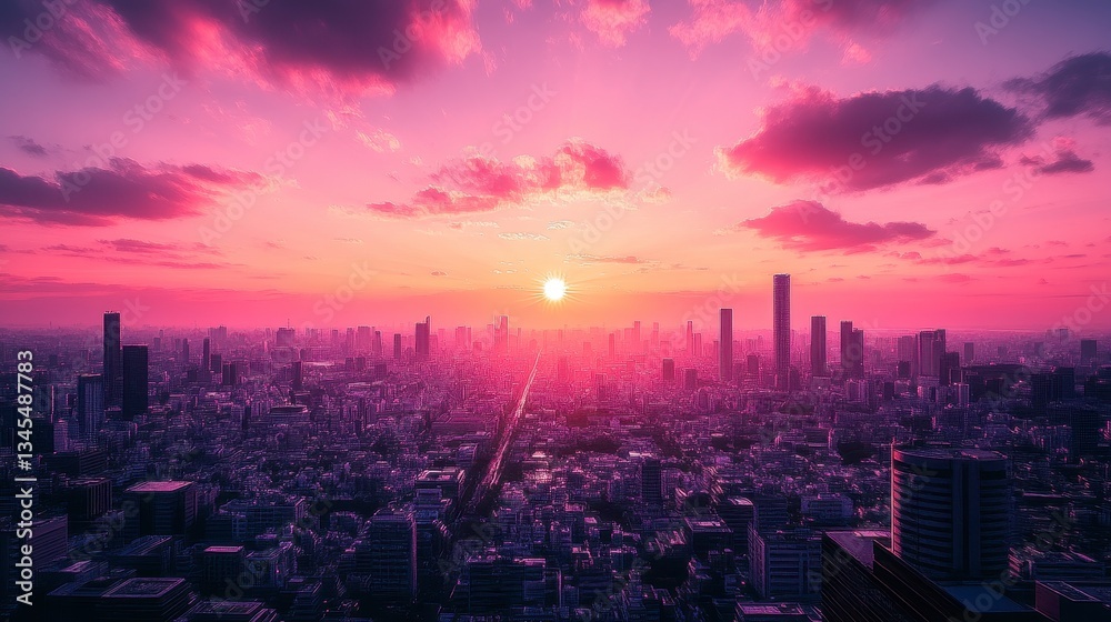 Obraz premium Vibrant Sunset Over Urban City Skyline with Pink and Purple Sky in Evening Hues