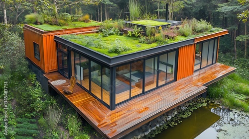 A peaceful, eco-conscious container home with a green roof thriving with native plants. The extended wooden deck overlooks a small pond, while the glass walls showcase an inviting,