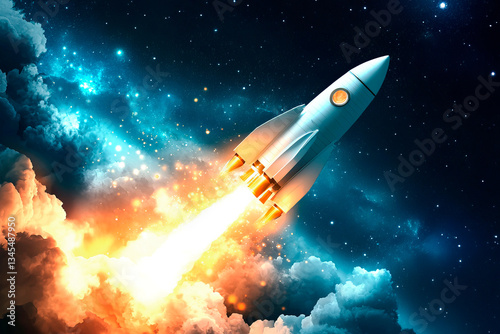 Illustration cartoon space rocket takes off into the starry sky