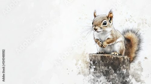 Watercolor Squirrel on Stump, Peaceful Forest Scene, Artistic Wildlife, Stock Photo