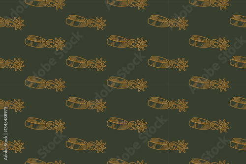 western sheriff spur doodle seamless pattern on green background. cowboy spurs engraving pattern background. retro wild west spur background for rodeo, ranch decor, merchandise