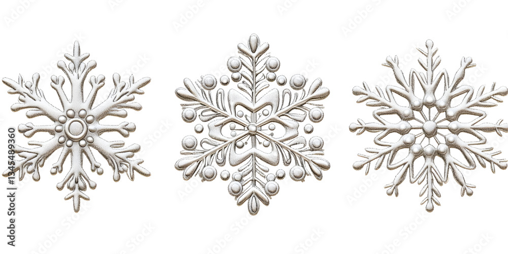 Realistic 3D Rendering of Three Silver Snowflakes Against a Transparent Background for Winter Holiday Decoration with Intricate Geometric Patterns Realistic 3D Rendering of Three Silver Snowflakes Against a Transparent Background for Winter Holiday Decoration with Intricate Geometric Patterns