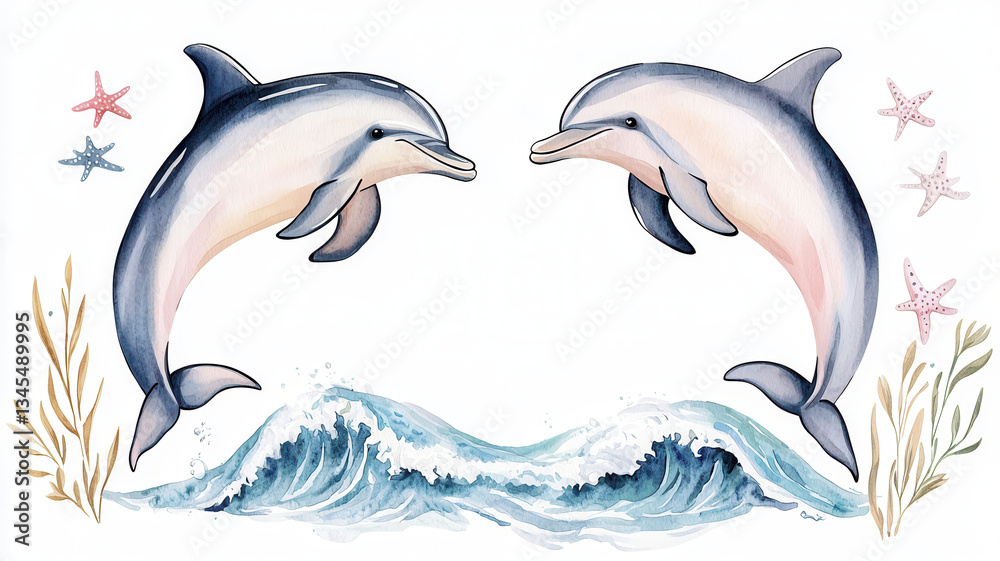 Obraz premium Two dolphins swimming joyfully watercolor style, surrounded by