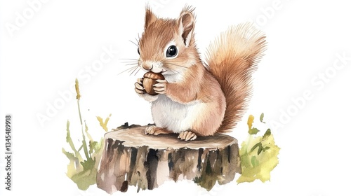 Cute Squirrel Eating Nut on Stump