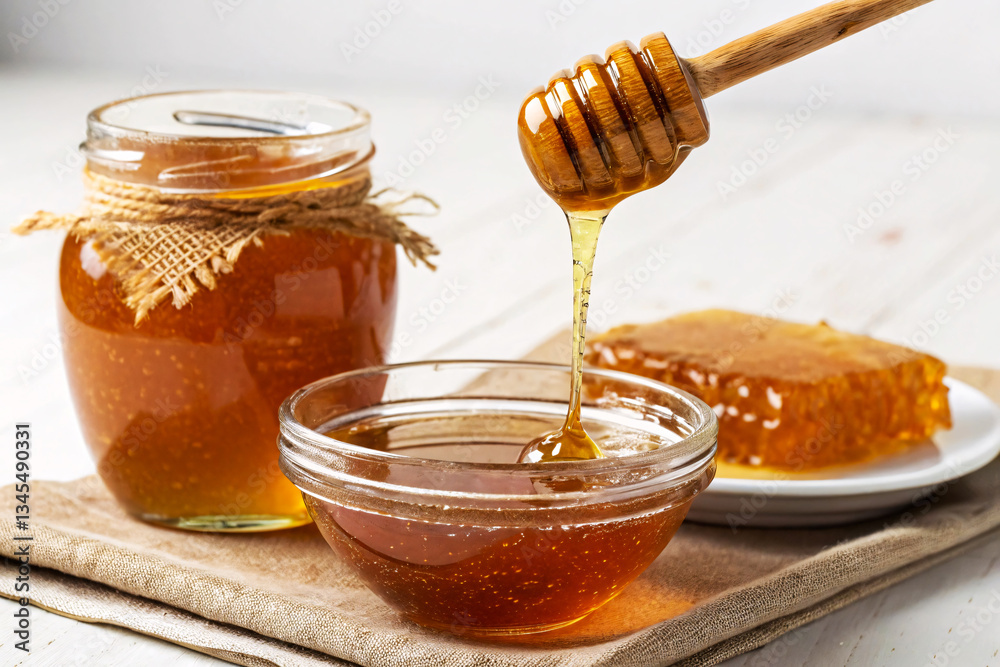 Honey in jar and bowl with honeycomb and wooden dipper. Honey in jar and bowl with honeycomb and wooden dipper.