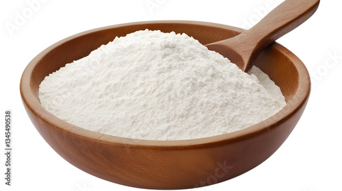 Realistic Image of White Flour in Wooden Bowl with Spoon Food Ingredient for Cooking and Kitchen on Transparent Background Wheat Oat Rye Corn Starch Close Up