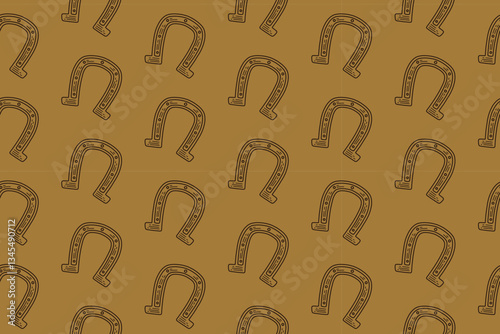 wild west horseshoe doodle seamless pattern on brown background. western sheriff horseshoe engraving pattern background. retro wild cowboy horseshoe background for rodeo, ranch decor, merchandise