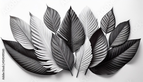 different in form tropical black and white palm leaves isolated on white background illustration