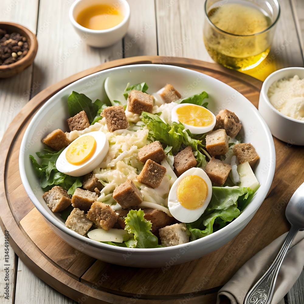 A Caesar salad is a green salad of romaine lettuce and croutons dressed with lemon juice, olive oil, eggs, Worcestershire sauce, anchovies, garlic, Dijon mustard, Parmesan and black pepper. A Caesar salad is a green salad of romaine lettuce and croutons dressed with lemon juice, olive oil, eggs, Worcestershire sauce, anchovies, garlic, Dijon mustard, Parmesan and black pepper.