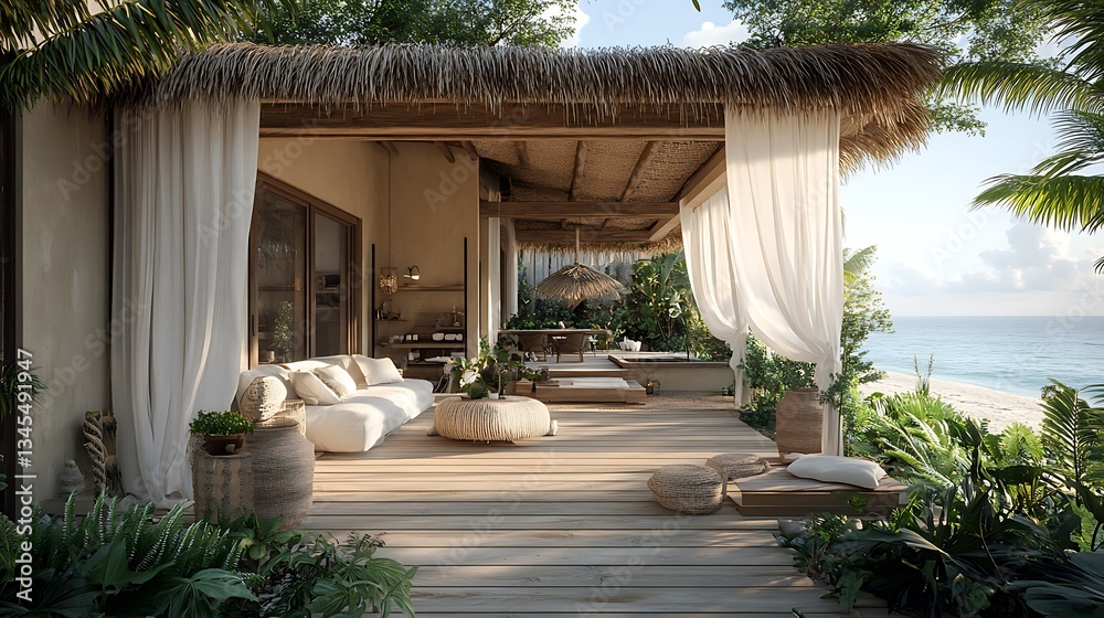 Fototapeta premium A stylish beachfront container house with a thatched-roof terrace, wooden flooring, and an open-air living space. The tropical flora surrounds the home,