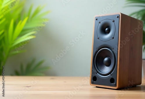 Generative AI The speaker produces clear sound, good sound system for listening to music in relaxation area with wooden table and background plant